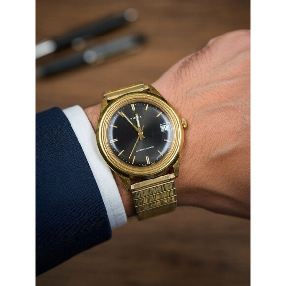 Vintage Timex Marlin Gold Mens Date Watch Mechanical Black Dial Parts and Repair main image 4